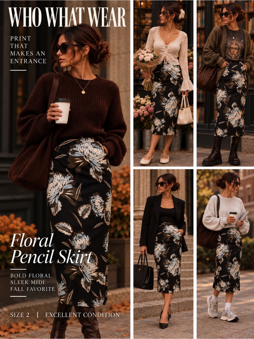 Who What Wear Floral Midi Pencil Skirt Size 2